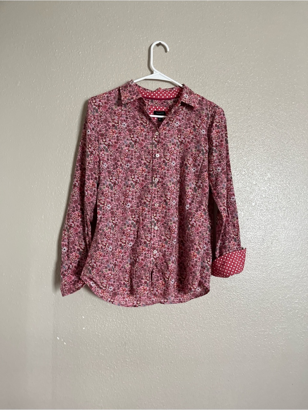 Talbots Pink Floral 100% cotton Button-Up Blouse with Polka Dot Trim